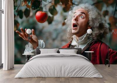 Man dressed as Isaac Newton in historical costume, surprised by falling apple,  Wall mural